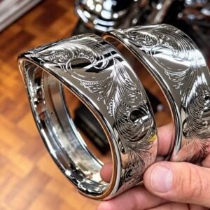 Custom Chrome Headlight Bezels with Hand-Engraved Scrollwork